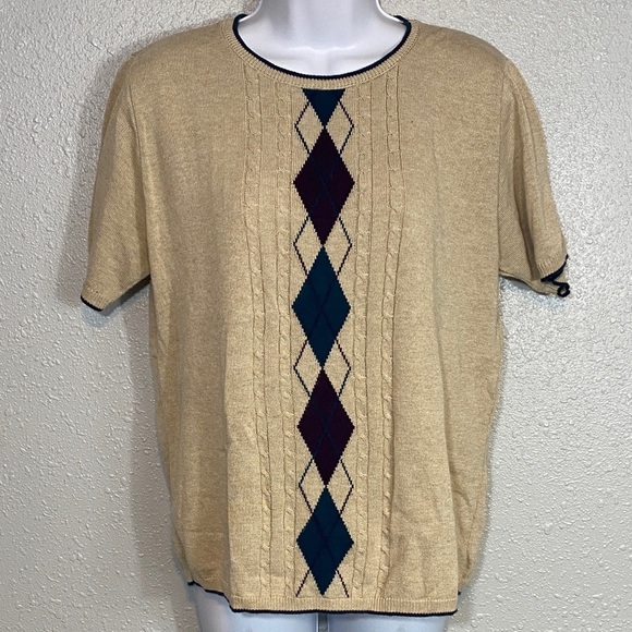 VNTG Alfred Dunner Beige Argyle Short Sleeve Knit Sweater - Picture 4 of 8